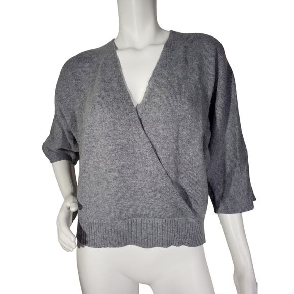 RACHEL ZOE Womens Size Medium Gray Merino Wool Wrap Sweater 3/4 Sleeve Vneck - Picture 1 of 6